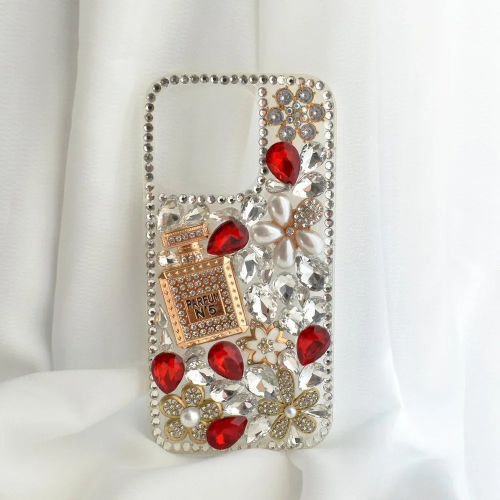 Diamond Encrusted Silicone Red iPhone case with Perfume bottle - iPhone 14/13